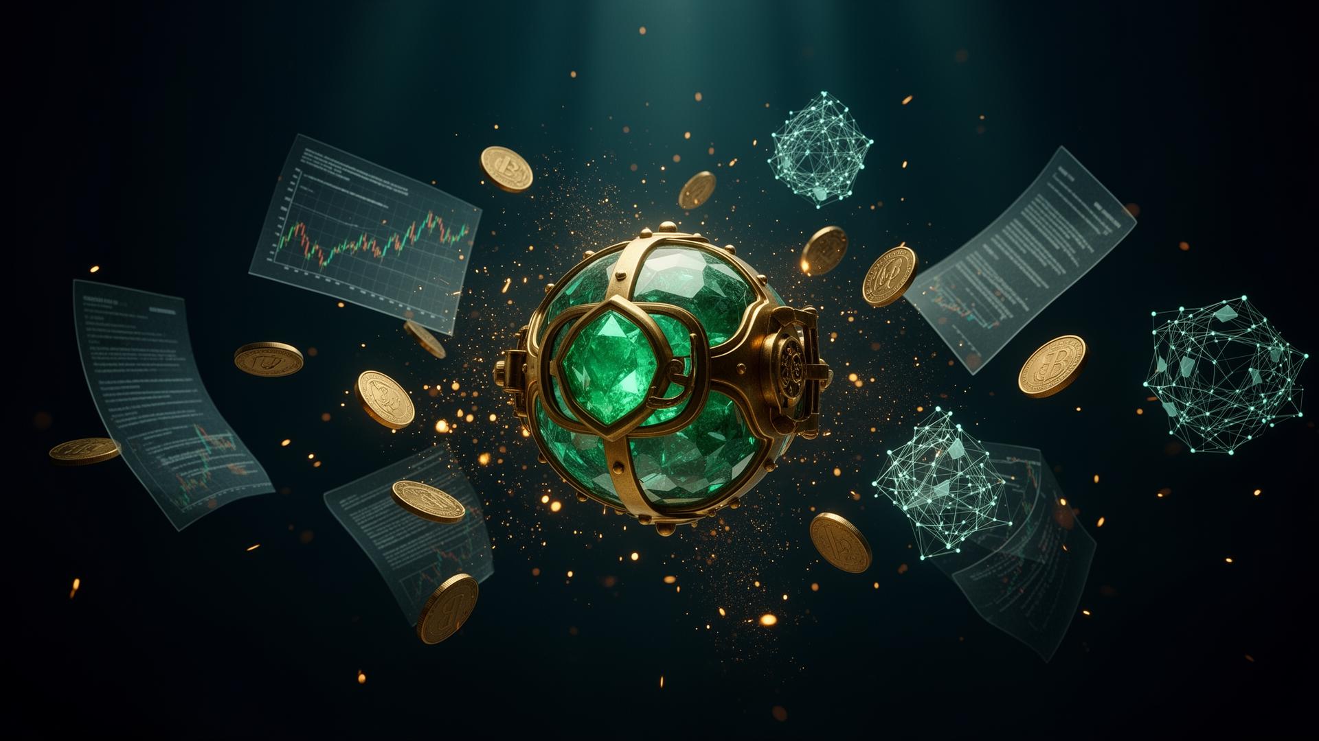 Glowing emerald and gold vault surrounded by floating financial elements